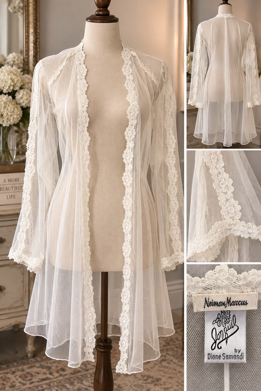 Vintage Jonquil Diane Samandi Neiman Marcus Sheer Lace Peignoir Bridal Robe